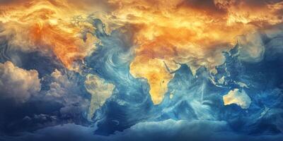 Artistic World Map Global Weather Clouds Temperature Wind Currents photo