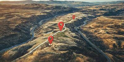Aerial View GPS Route Road Trip Navigation Travel Map Location Markers photo