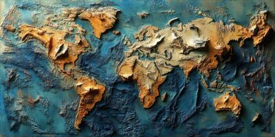 3D Relief World Map Textured Earth Continents Oceans photo