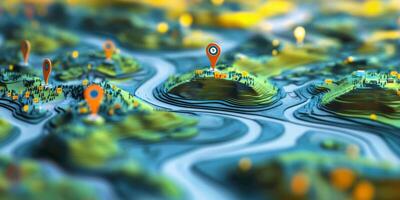 3D Topographic Map GPS Navigation Route Planning Location Markers photo