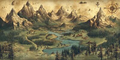 Fantasy Medieval Map Mountains Forests River Vintage Illustration photo