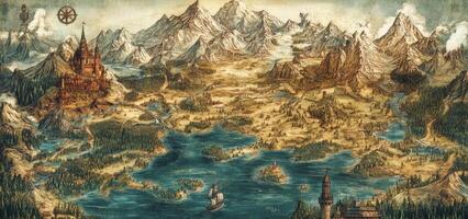 Fantasy Medieval Map Kingdom Castle Mountains Forest Ocean Illustration photo