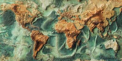 3D Relief World Map Earth Topography Continents Oceans photo