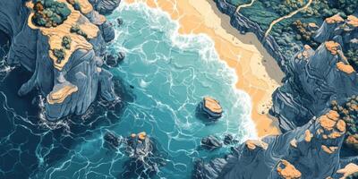 Aerial View Isometric Coastal Cliffs Beach Ocean Landscape Illustration photo