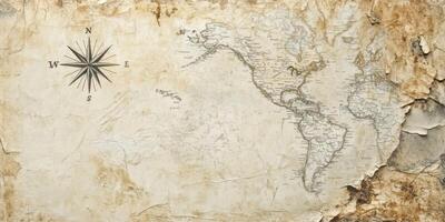 Antique World Map Background Aged Paper Texture Compass Rose Travel Exploration photo