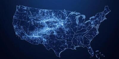 USA Map States Highways Network Connections Digital Map Geographic Data Blue Illuminated photo