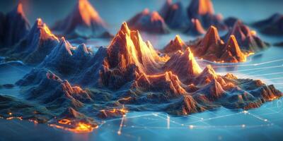 Glowing Low Poly Mountain Range Digital Terrain Abstract 3D Landscape photo