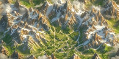 Isometric 3D Mountain Range Map Snow Capped Peaks Green Valleys Aerial View photo