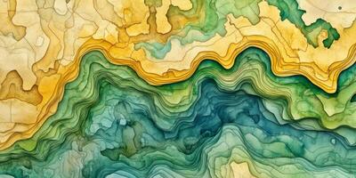 Artistic Watercolor Topographic Map Green Blue Yellow Terrain Texture photo