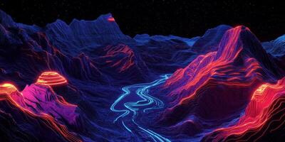 Neon Mountainscape Futuristic 3D Render Abstract Landscape Glowing Lines photo