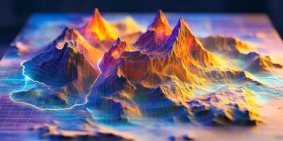 Abstract 3D Mountain Range Glowing Polygonal Landscape Tech Grid photo