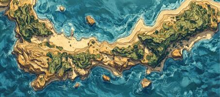 Aerial View Island Coastline Topographic Map Art photo