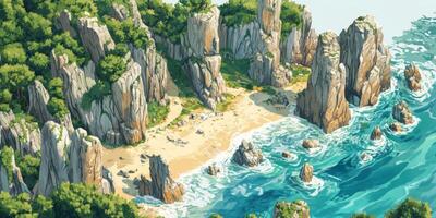 Isometric Coastal Cliffs Beach Ocean Game Asset Illustration photo