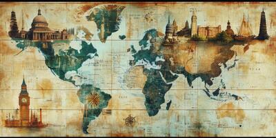 Vintage World Map Travel Landmarks Exploration History photo