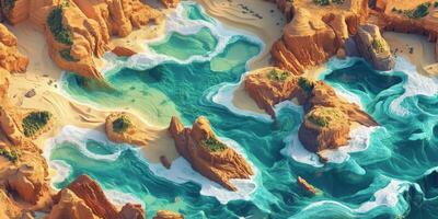 Isometric Coastal Terrain Beach Cliffs Ocean Waves Digital Art photo