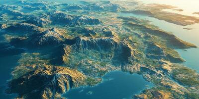 Aerial View of Mountain Range Coastline and Ocean 3D Rendered Landscape photo