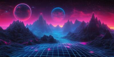 Futuristic Neon Landscape 80s Retro Sci Fi Mountains Planets Grid photo
