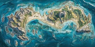 Aerial View of Tropical Island Paradise Ocean Coastline Beach Turquoise Waters Cliffs Lush Greenery photo