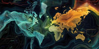 Abstract World Map Global Connectivity Data Flow Network Lines Technology Design Art Graphic photo
