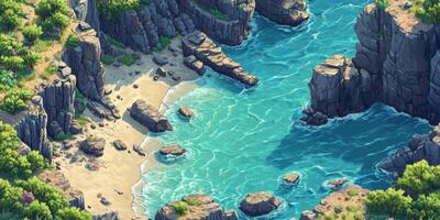 Isometric Coastal Cliffside Beach Scene Game Asset Illustration photo
