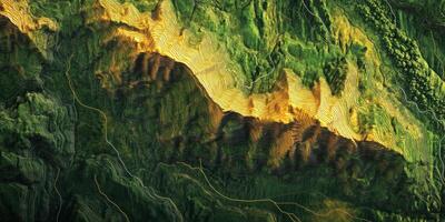 Aerial Topographic Map Golden Contour Lines on Lush Green Hills photo