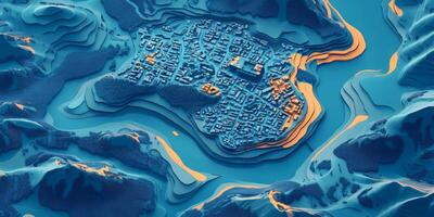 Isometric Cityscape 3D Topographic Map with Buildings and Terrain photo