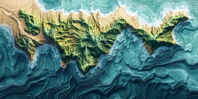 Coastal Island Topography Aerial View 3D Render Ocean Mountains Green Blue Sand photo