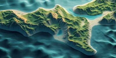 Aerial View of Lush Island Coastline 3D Render Ocean Mountains Nature photo