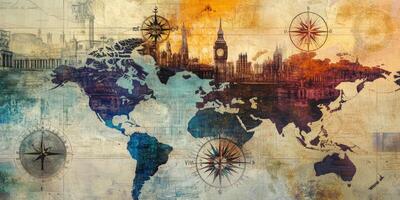 Vintage World Map Travel Exploration Compass Landmarks Architecture photo
