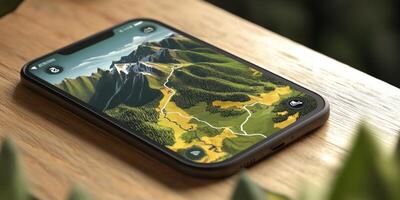 Mobile Hiking App Interface Interactive Trail Map on Smartphone photo