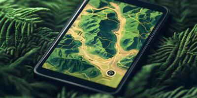 Mobile Hiking App Interactive Trail Map GPS Navigation Terrain photo