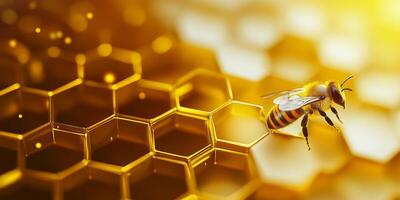 Close-Up of a Bee on a Honeycomb, Golden Background, Macro Photography, Nature, Pollination, Insect Life, Beautiful Details, Environmental Importance photo
