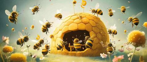 Playful bees buzzing around a whimsical honeycomb hive filled with flowers, creating a vibrant and lively scene in a sunny, colorful meadow photo