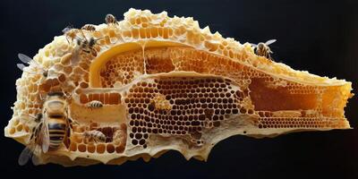 Close-Up View of Honeycomb with Bees, Showcasing Intricate Patterns and Natural Texture of Beehive and Honey Production in Nature photo
