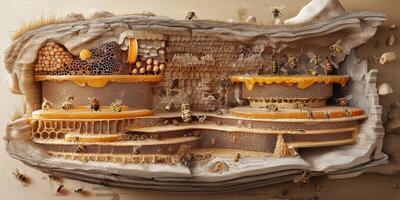 Detailed Cross-Section of Honeycomb Structure with Bees Surrounded by Natural Elements, Showcasing Intricate Patterns and Rich Textures photo