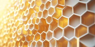 Abstract Composition of Honeycomb Structure with Golden Highlights and Light Reflections for Creative Design and Background Use photo