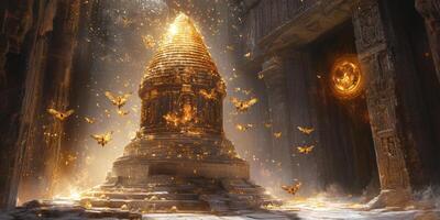 Majestic Ancient Temple Ruins with Glowing Gold Relics and Enigmatic Butterflies in a Mystical Atmosphere photo