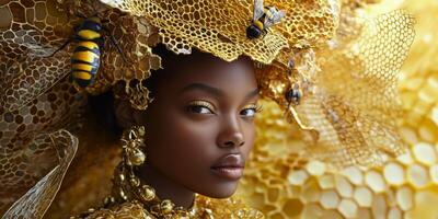 Stunning Fashion Portrait of a Model with Honeycomb-Inspired Hair and Golden Accessories Surrounded by Bees in a Vibrant Yellow Setting photo