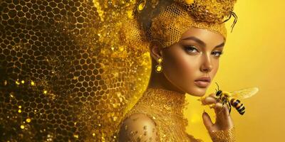 Elegant Woman in Yellow Honeycomb Costume with Bee on Hand, Capturing Beauty and Nature Fusion in Glamorous Fashion Photography photo