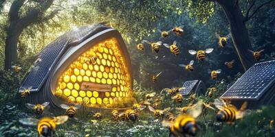 Innovative Beehive Design Surrounded by Bees with Solar Panels in a Lush Green Forest Setting, Emphasizing Sustainable Beekeeping and Environmental Harmony photo
