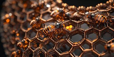 Close-up View of Bees on Honeycomb Structure with Intricate Honeycomb Cells Highlighting Nature's Beauty and Pollination Process in a Detailed Macro Shot photo