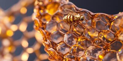 Close-up of a bee hovering near intricate honeycomb structure showcasing natural patterns and vibrant textures in striking golden hues against a dark background photo