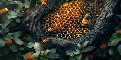 Close-up View of Honey Bees Working on Honeycomb Surrounded by Vibrant Green Leaves and Bright Orange Blossoms in a Natural Setting photo