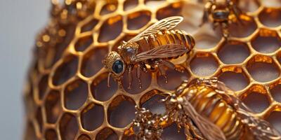 Close-Up of Intricate Honeycomb Pattern with Realistic Bees Highlighting Nature's Beauty and the Importance of Pollinators in the Ecosystem photo