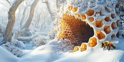 Winter Wonderland with Honeybee Nest in Snowy Forest Landscape Highlighting Natural Beauty and Serenity in a Frozen Environment photo