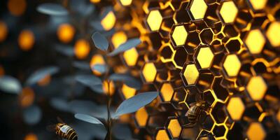 Close-Up of Honeycomb Structure with Bees Amidst Greenery and Warm Golden Light, Nature's Intricate Design in a Vibrant and Captivating Scene photo