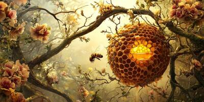 Buzzing Bee Approaching Honeycomb Nest Surrounded by Beautiful Blossoms in a Magical Forest Landscape with Soft Golden Lighting photo