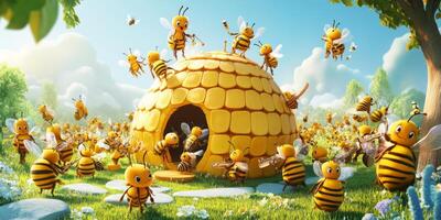 Cheerful Cartoon Bees Buzzing Around a Whimsical Honeycomb House in a Bright Meadow Full of Colorful Flowers Under a Clear Blue Sky photo