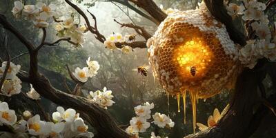 Honeycomb Nest Surrounded by Blossoming Flowers and Bees in a Mystical Forest Environment with Soft Natural Light Filtering Through Trees photo