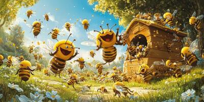 Cheerful Honey Bees in a Vibrant Garden with Flower Blooms and a Bright Beehive Under a Clear Blue Sky, Capturing the Joy of Nature and Pollination photo